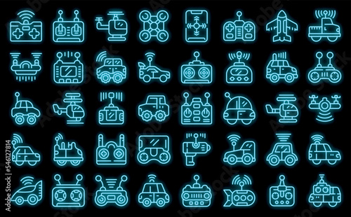 Radio control toys icons set outline vector. Rc helicopter. Toy control neon color on black
