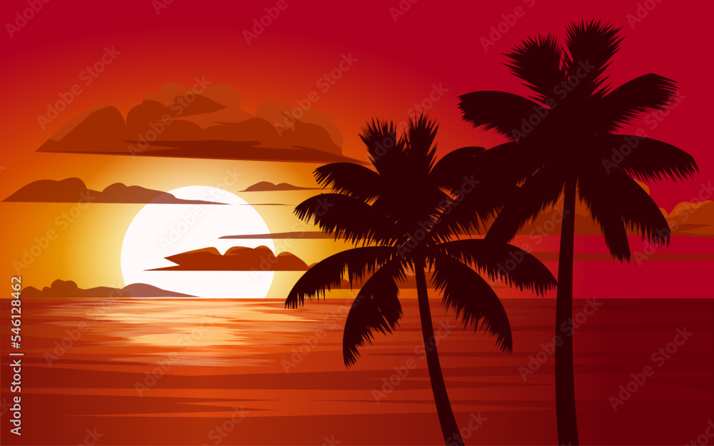 red sunset on the beach with trees