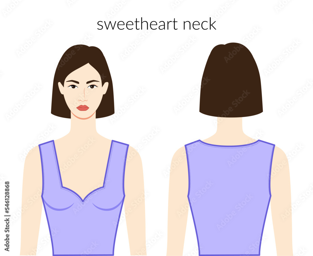 Sweetheart neckline clothes character beautiful lady in lavanda top, shirt, dress technical fashion illustration with fitted body. Flat apparel template front, back sides. Women, men unisex CAD mockup Sweetheart neckline clothes character beautiful lady in lavanda top, shirt, dress technical fashion illustration with fitted body. Flat apparel template front, back sides. Women, men unisex CAD mockup