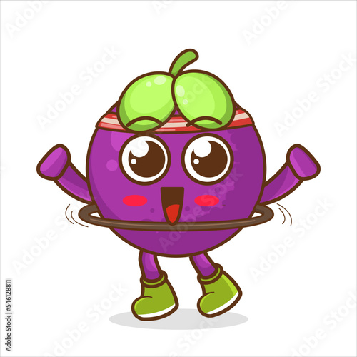 Character Illustration of mangosteen playing hula hoop , character design