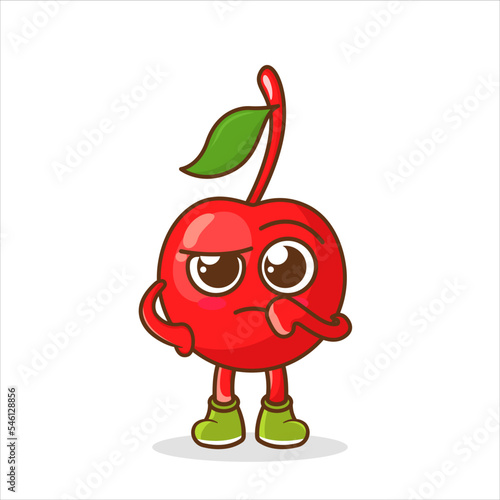 cute cherry cartoon character with confused expression. Mascot Character vector.