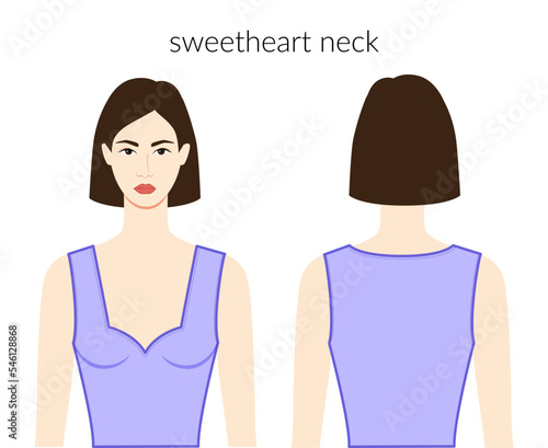 Sweetheart neckline clothes character beautiful lady in lavanda top, shirt, dress technical fashion illustration with fitted body. Flat apparel template front, back sides. Women, men unisex CAD mockup