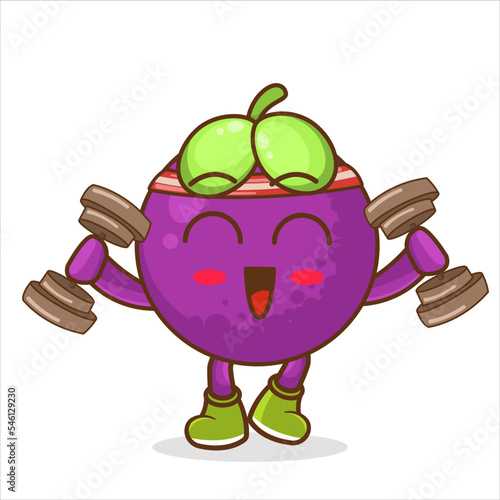 mangosteen lifting dumbbell vector. cartoon character, fitness mangosteen fruit cute character mascot vector design. cute mangosteen cartoon. with exercise equipment, dumbbells, barbells