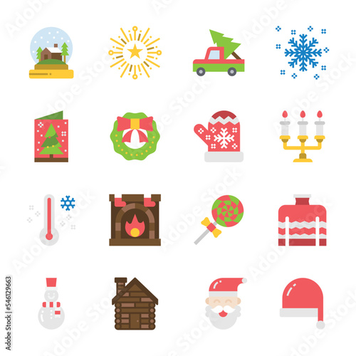 Christmas Icons set. Vector Illustration, snowman, holiday, santa, winter