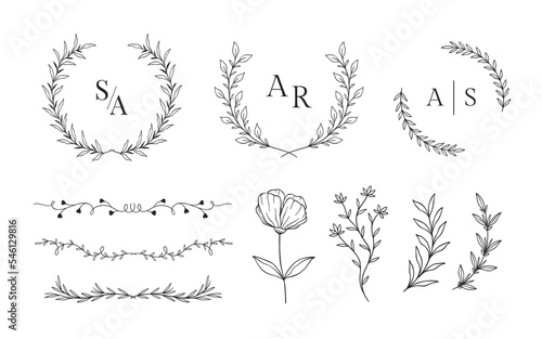 Set of hand drawn floral frames for wedding ornament or feminine beauty logo template