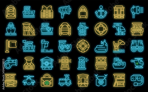 Coast guard icons set outline vector. Dron sea. Coast guard neon color on black