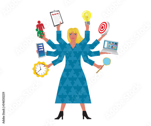 Woman looking like Shiva with plenty of arms, trying to multitask. Isolated on white background. Vector illustration.