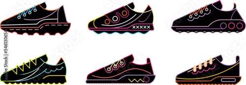 Sneaker Shoe Minimalistic Flat Neon Line Outline Stroke Icon Pictogram Symbol Set Collection