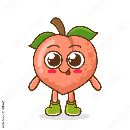 Vector illustration of cute cartoon peach. Cute Peach fruit character with happy smile