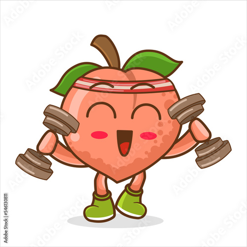 Peach fitness hold dumbbell, Mascot Character vector.