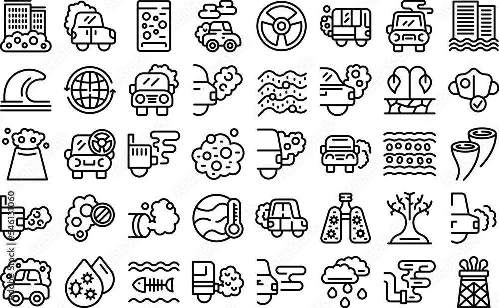 Traffic fumes icons set outline vector. Climate gas. Car co2 Traffic fumes icons set outline vector. Climate gas. Car co2