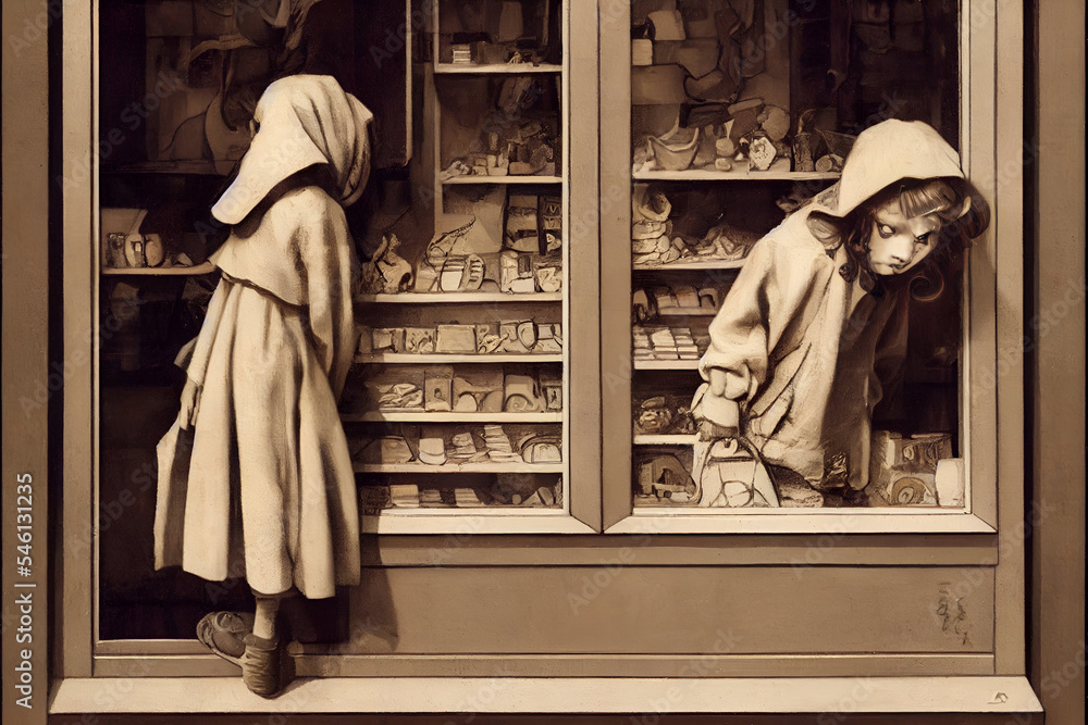 Victorian Era Zombie Children in a Destroyed Storefront. Digital Oil ...