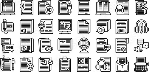 Transcription icons set outline vector. Court career. Audio voice