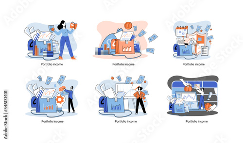 Investment portfolio income dollars currency, buy sell trading, market exchange value metaphor, businessman investor or trader balance portfolio with coins. Financiers analyzing stock market profit