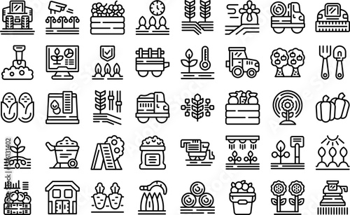 Harvesting icons set outline vector. Combine harvest. Farm field