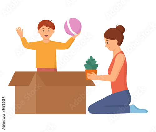 Family moving to new house, mother with son put things into box, carry things to apartment, change place of residence, relocation. Unpacking things after shipping, decorating home. Rental of premises