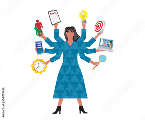 Woman looking like Shiva with plenty of arms, trying to multitask. Isolated on white background. Vector illustration.