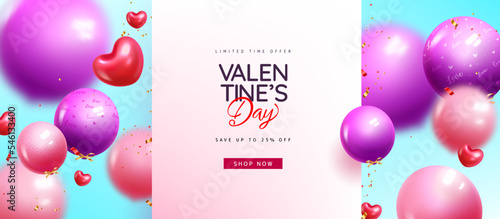 Valentine's day sale vector banner design. Valentine's day limited offer text with balloons elements for seasonal advertising background. Vector Illustration.
