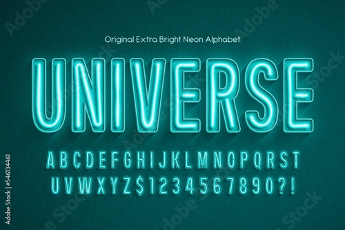 Neon light 3d alphabet, retro-futuristic original type.