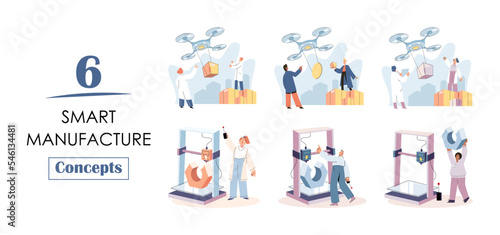 Smart manufacture, automation development metaphor. Innovative smart industry product design, manufacturing process, automated production line, delivery and distribution robots machinery industry 4.0