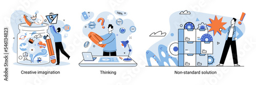 Creative thinking. People with different mental mindset types or model creative. Imaginative logical and structural thinking. MBTI person metaphor. Non standart solution. Brain think people solve idea