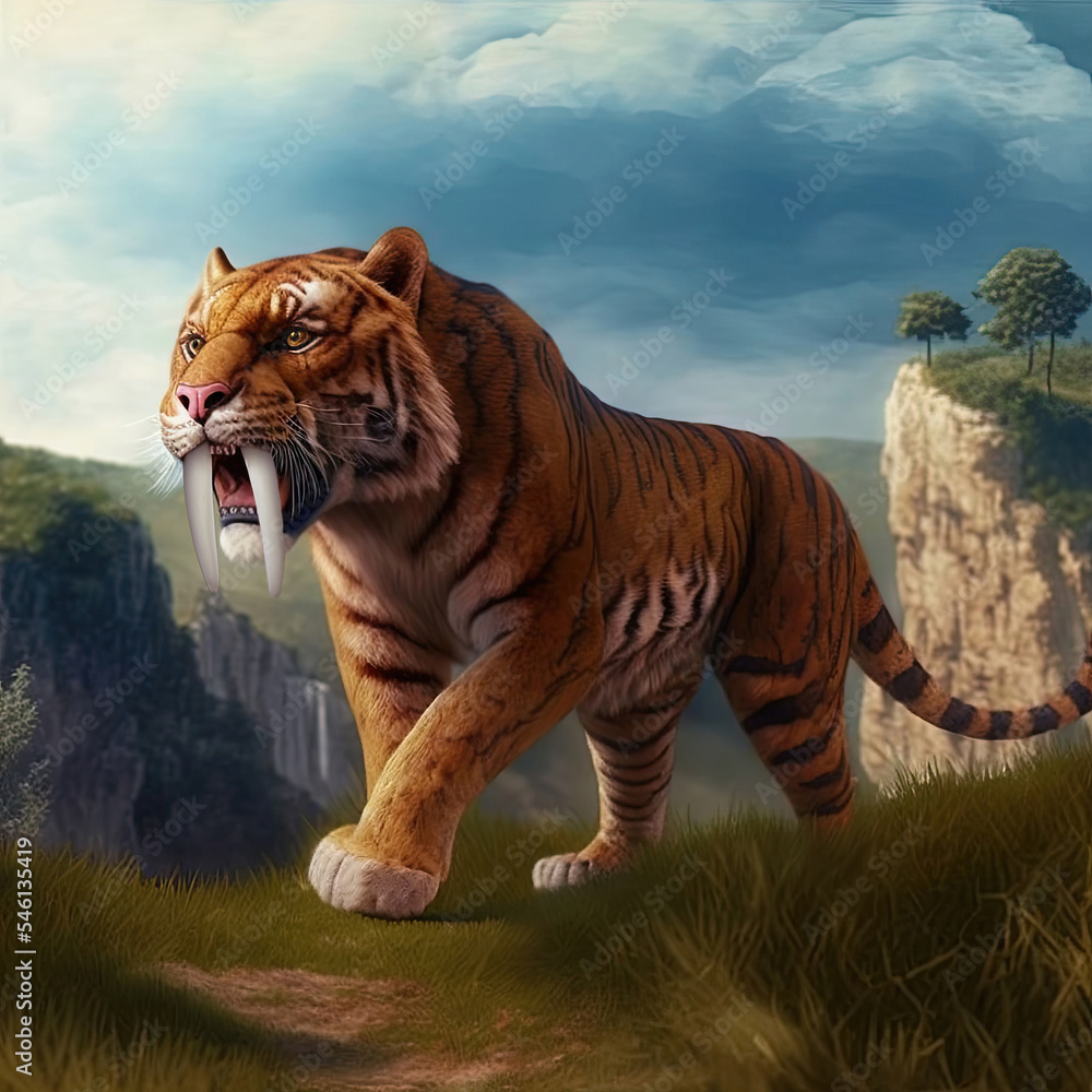 Saber-toothed tiger in its natural environment. Smilodon a prehistoric ...