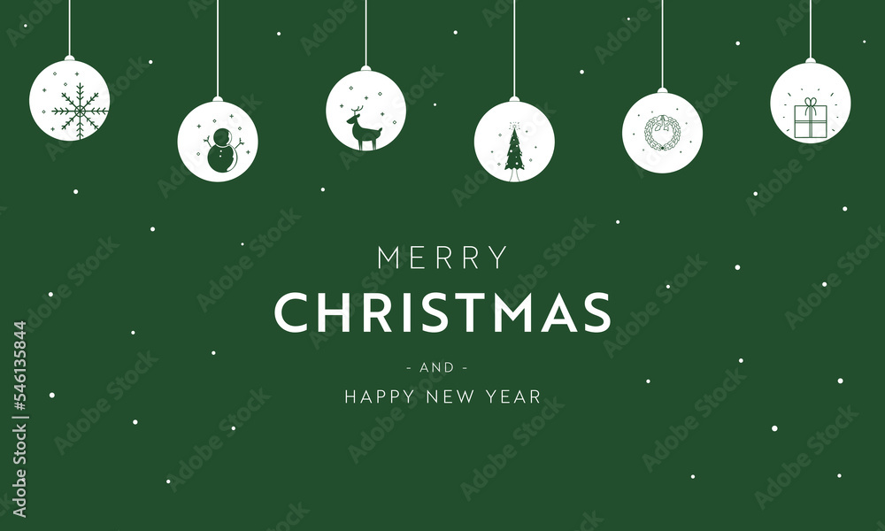 Fototapeta premium クリスマスをモチーフにしたオーナメント装飾と雪のクリスマスカード背景テンプレート（緑） Christmas card background template with ornament decoration and snow with Christmas motif (green)