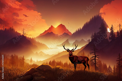 firewatch wallpaper background. beautiful scenery landscape graphic design. deer an the mountain and forest.