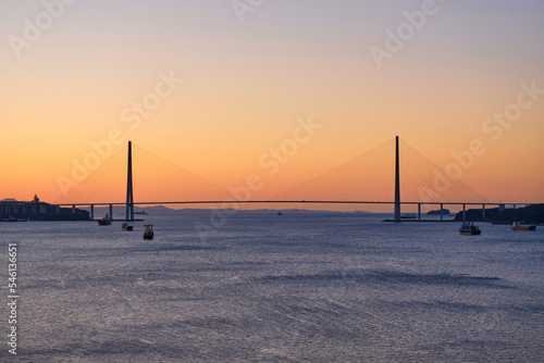 Suspended cable-stayed bridge from the mainland of the Far Eastern city to the Russian Island. The ships are in the roadstead in the Eastern Bosphorus Strait. Vladivostok, Russia.