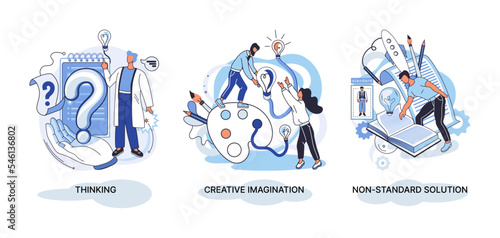Creative thinking. People with different mental mindset types or model creative. Imaginative logical and structural thinking. MBTI person metaphor. Non standart solution. Brain think people solve idea
