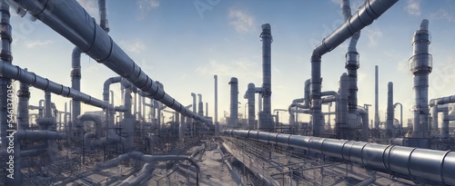 Large industrial gas pipelines in a modern refinery at sunrise 3d render. AI generated art illustration photo