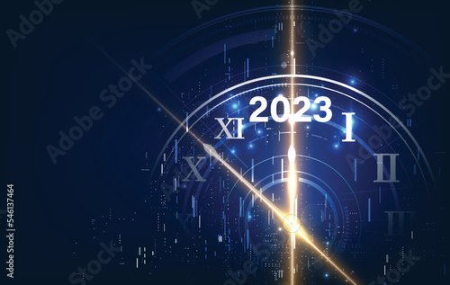 2023Happy New Year banner with  round clock. Vector illustration.
