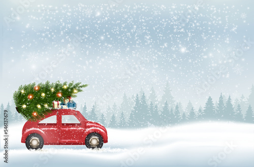 Holiday Christmas background with a snowflakes and landscape and a blue car is driving a Christmas tree for a  holiday. Winter illustration  banner  card