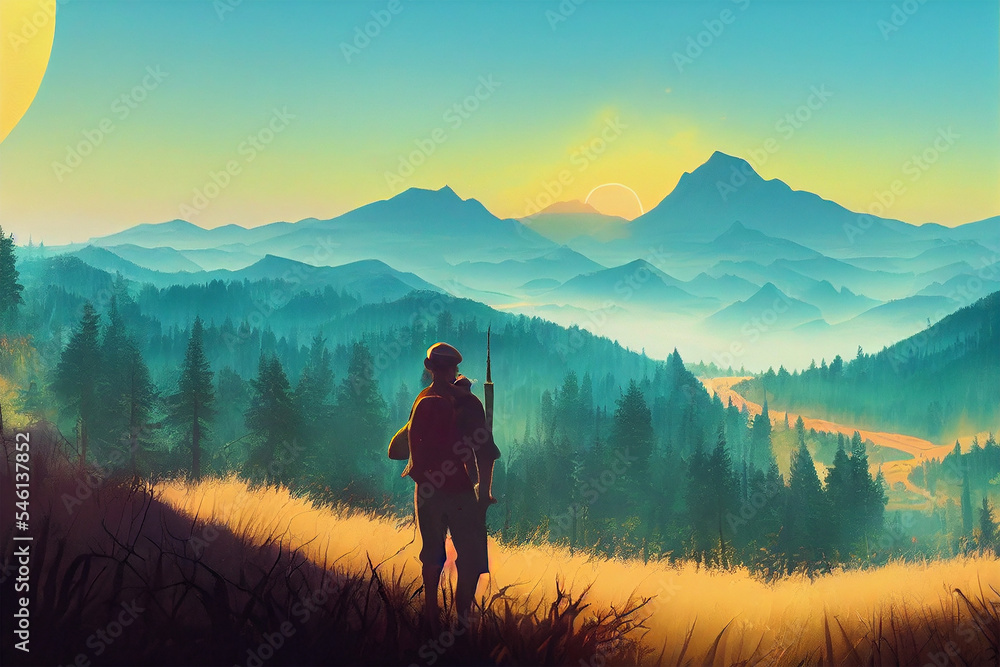 firewatch wallpaper background. beautiful scenery landscape graphic design. Hiking on the mountain valley.
