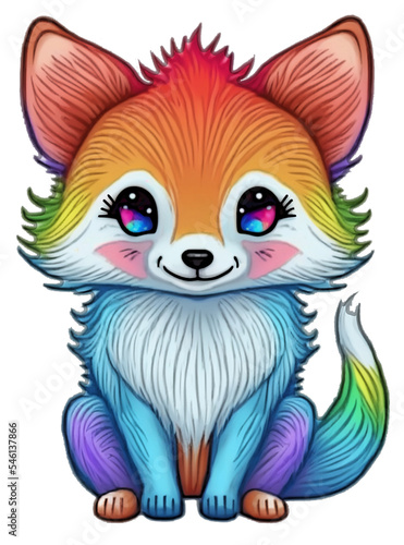 Cute Adorable Chibi Kawaii Rainbow Fox Cartoon | Created Using Midjourney and Photoshop
