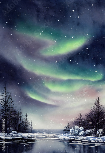 Aurora Winter Watercolor Background, Aurora wallpapar  watercolor © michael