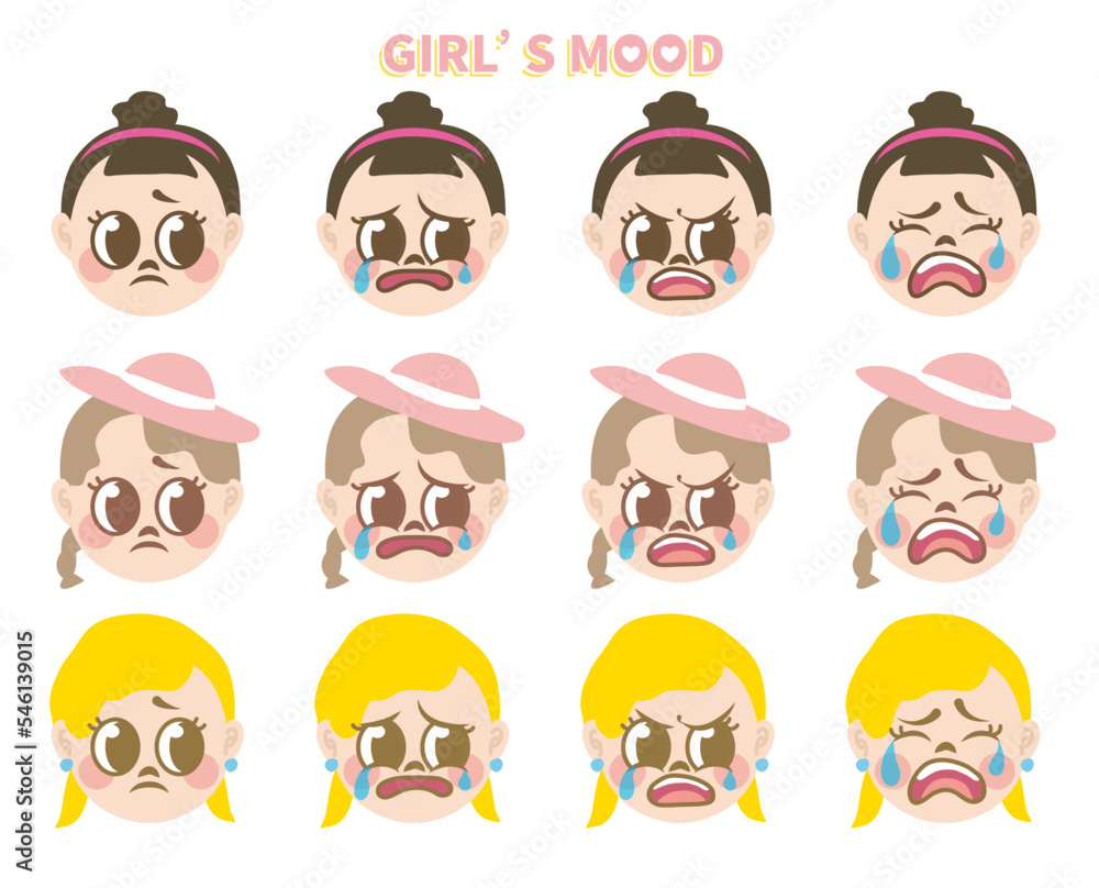 Cartoon girls avatar facial expression set. Collection of vector emotional expression illustration. Portraits of kids isolated on white. 4 kinds of different expressions of 3 girls. Emoticon set. girl Cartoon girls avatar facial expression set. Collection of vector emotional expression illustration. Portraits of kids isolated on white. 4 kinds of different expressions of 3 girls. Emoticon set. girl