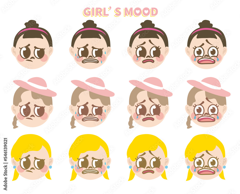 Cartoon girls avatar facial expression set. Collection of vector emotional expression illustration. Portraits of kids isolated on white. 4 kinds of different expressions of 3 girls. Emoticon set. girl Cartoon girls avatar facial expression set. Collection of vector emotional expression illustration. Portraits of kids isolated on white. 4 kinds of different expressions of 3 girls. Emoticon set. girl