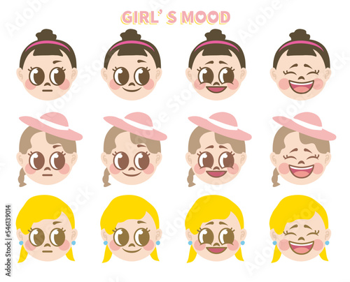 Cartoon girls avatar facial expression set. Collection of vector emotional expression illustration. Portraits of kids isolated on white. 4 kinds of different expressions of 3 girls. Emoticon set. girl