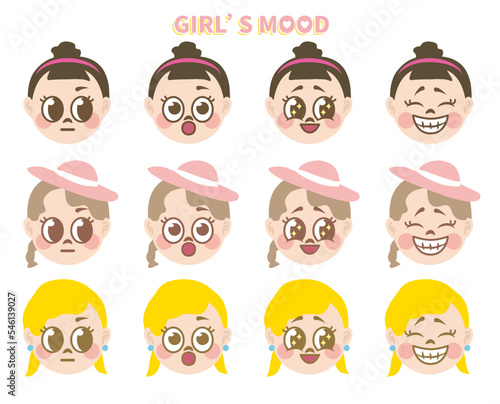 Cartoon girls avatar facial expression set. Collection of vector emotional expression illustration. Portraits of kids isolated on white. 4 kinds of different expressions of 3 girls. Emoticon set. girl