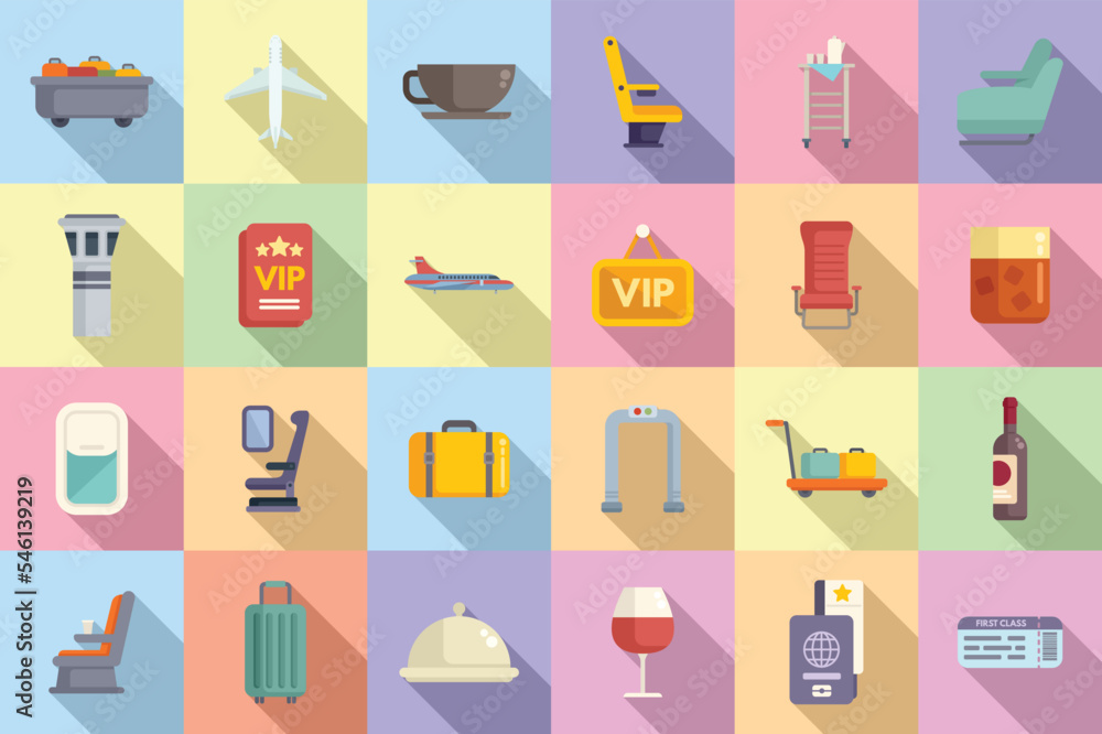 First class travel icons set flat vector. Airplane service. Seat traveler