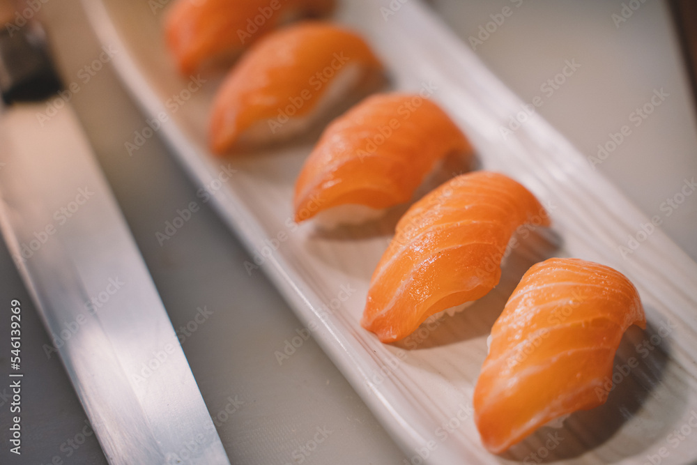 The finished sushi is ready to serve. sushi is a street food of japan and new business in the world. The finished sushi is ready to serve. sushi is a street food of japan and new business in the world.