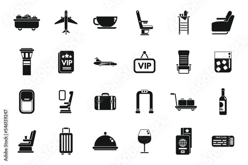 First class travel icons set simple vector. Airplane service. Seat traveler