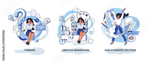 Creative thinking. People with different mental mindset types or model creative. Imaginative logical and structural thinking. MBTI person metaphor. Non standart solution. Brain think people solve idea