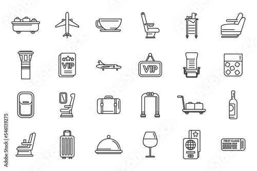 First class travel icons set outline vector. Airplane service. Seat traveler