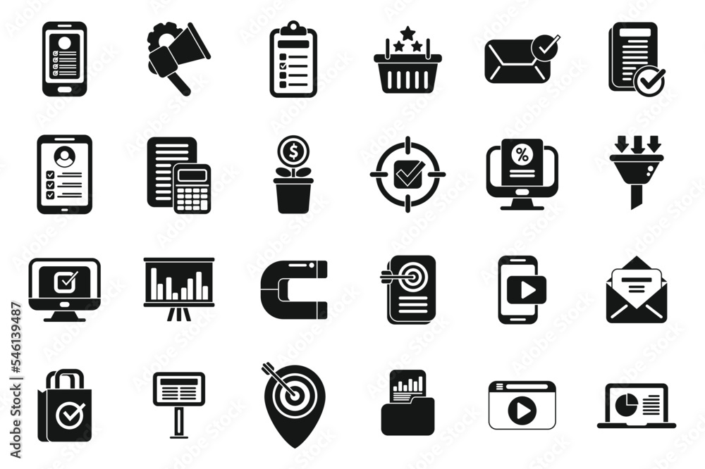 Marketing filled icons set simple vector. Direct sales. Mail cart Marketing filled icons set simple vector. Direct sales. Mail cart