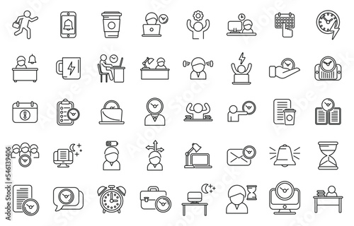 Late work icons set outline vector. Daily hour. Morning time