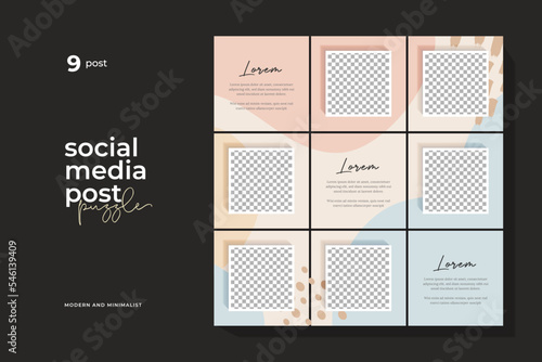 Instagram puzzle template, abstract element instagram post design, pastel background, instagram puzzle feed pack template.