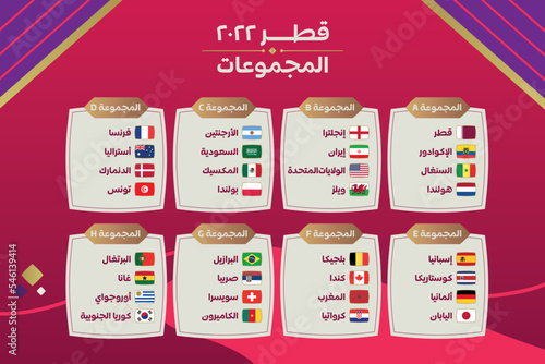 World Cup Qatar 2022 group stage graphic template Arabic. Flags of the countries participating set. Vector illustration.