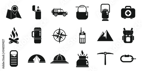 Expedition icons set simple vector. Hiker adventure. Alpine wind